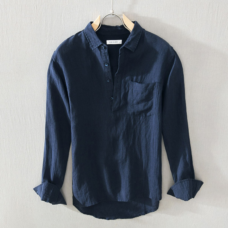 春夏方领套头纯亚麻长袖男士衬衫2022年新款高档白色日系复古寸衣