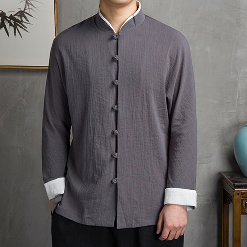 民国服装男复古立领盘扣长袖衬衫男中式上衣中国风汉服中山装春秋