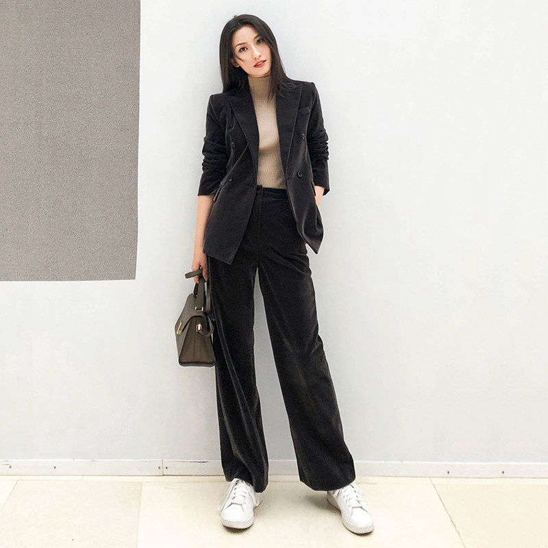 热销春季女西服_金丝绒小西装套装女2020春秋新款韩版设计感西服长裤