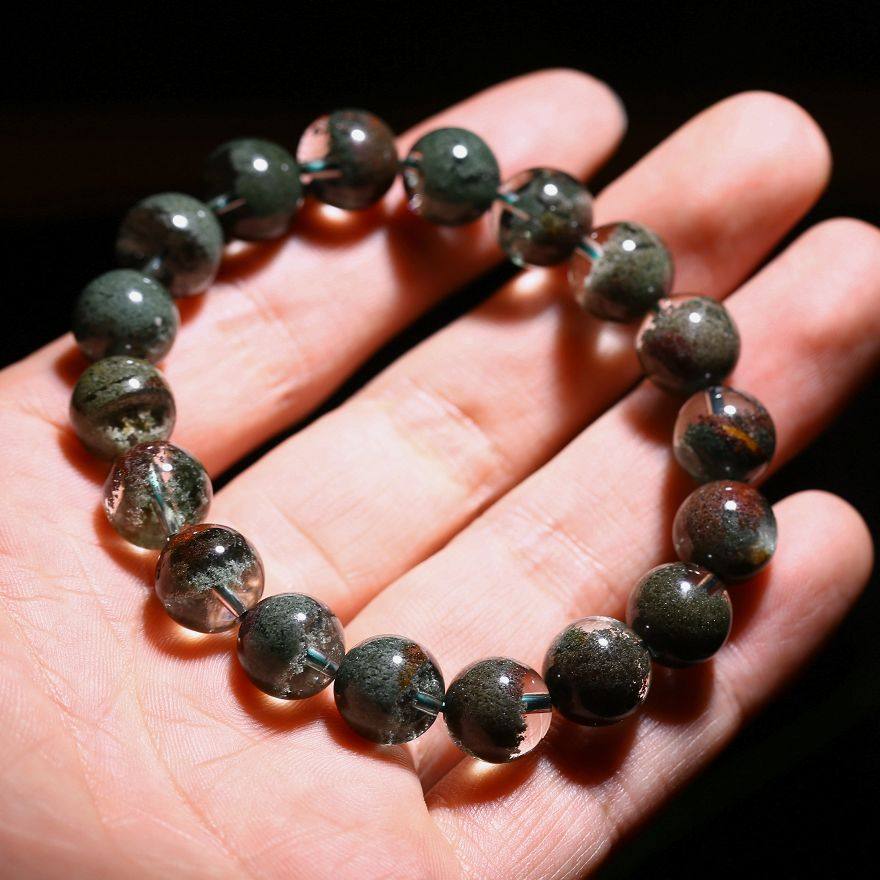 天然绿幽灵聚宝盆手链35.52克 墨绿