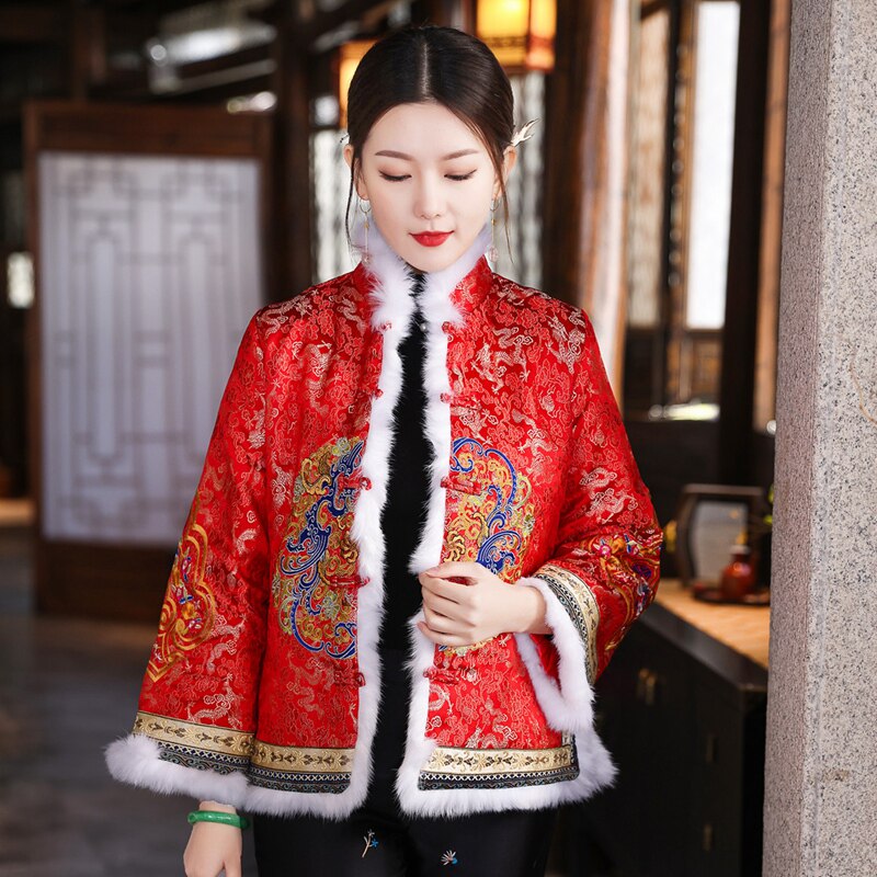 民族风绣花唐装小棉袄女短款冬季复古中国风盘扣夹棉旗袍上衣棉服