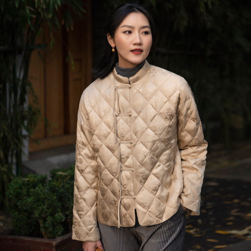 真丝混纺留香绉保暖羽绒服女中国风盘扣新中式短款立领女上衣外套