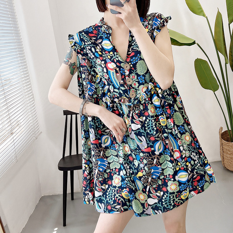 棉绸女夏上衣时尚2022新款裙衫碎花人造棉夏装娃娃衫宽松无袖t恤