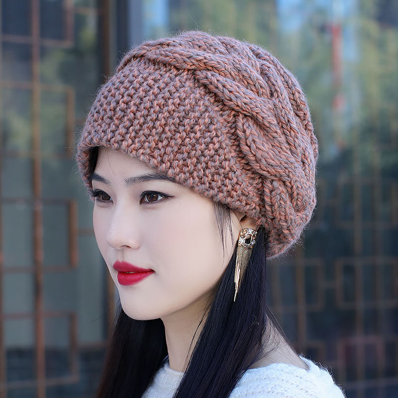 冬季短沿手工针织羊毛帽加绒保暖防风麻花纹妈妈帽贝雷包头瓜皮帽