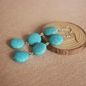 民族风合成绿松石长款耳环复古圆形挂吊坠波西米亚优雅大气耳坠女