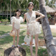 韩国亲子泳衣母女蕾丝米白色儿童泳装大码连体女童家庭装成人短裙