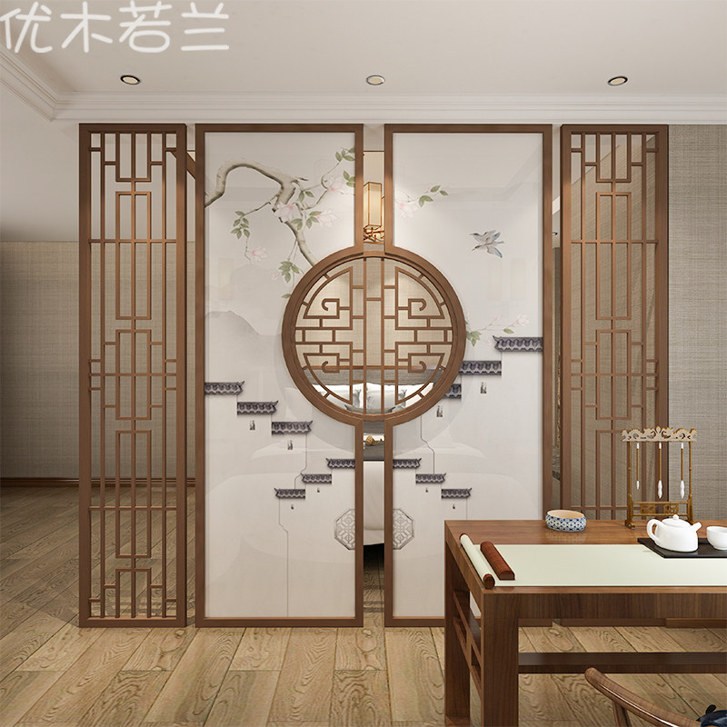 定制中式屏风实木半透玄关装饰布艺背景客厅餐厅隔断镂空座屏