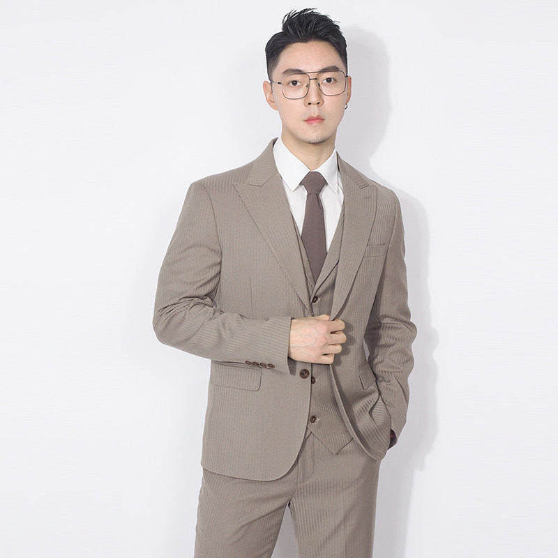 川泽男士卡其色暗条纹西装外套新款韩版修身小单西轻商务西服上衣