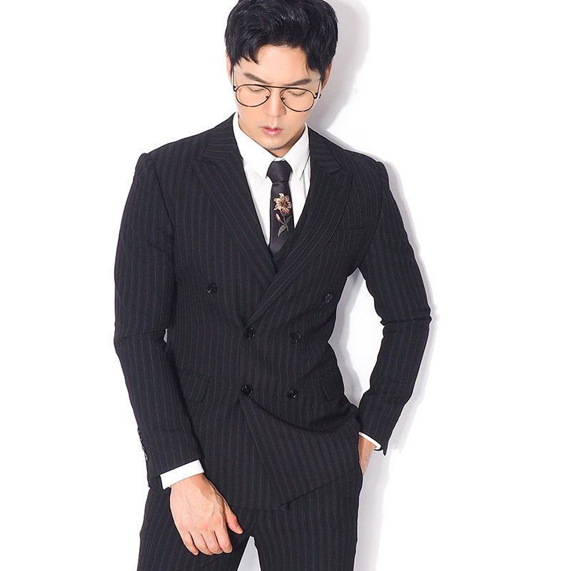 川泽定制春季韩版西服男士修身英伦宽领条纹青年小西装外套单西