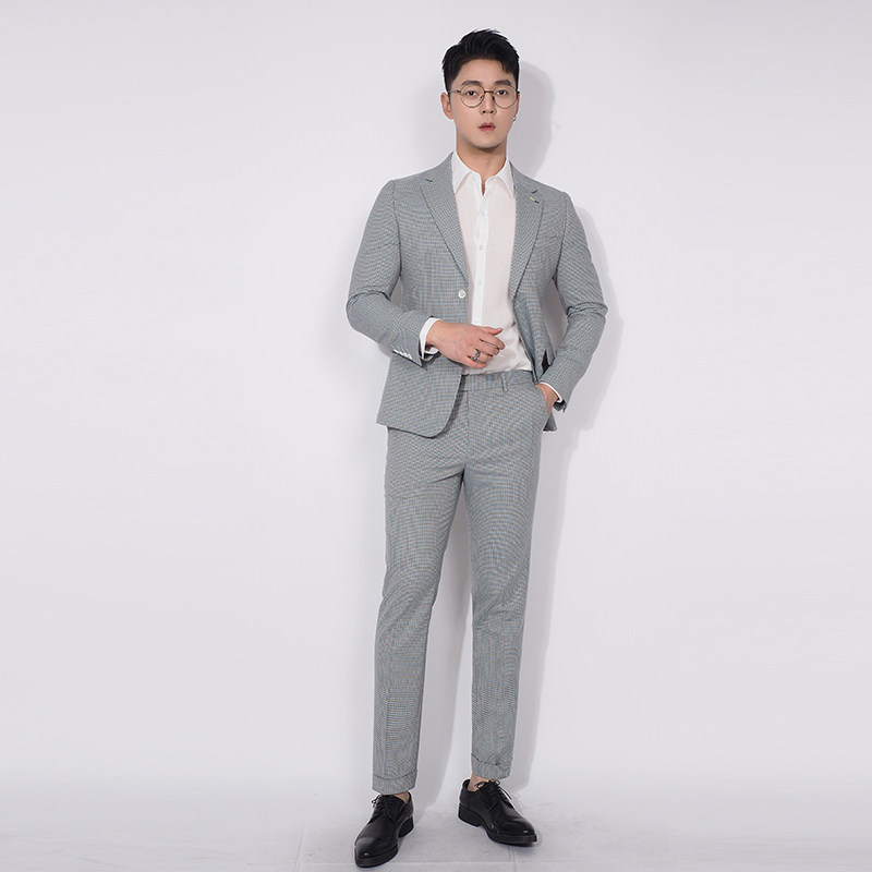 川泽男士小细格子西装二件套新款韩版修身格子套西灰色西服套装潮