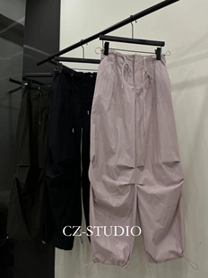 欧洲站2024夏季新款时尚简单纯色抽绳宽松工装休闲裤显瘦长裤女