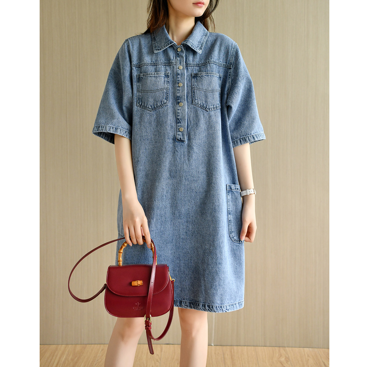 天然出品通勤休闲多口袋小宽松水洗蓝牛仔中裙连衣裙夏季qa3826