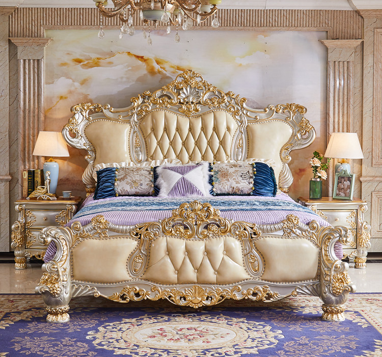 欧式别墅主卧1.8米实木床婚床 橡木雕花豪华真皮卧室2米2.2米大床