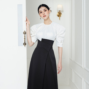 品牌授权越南小众WHITEPLANE2022夏季新款短袖褶皱上衣+高腰半裙