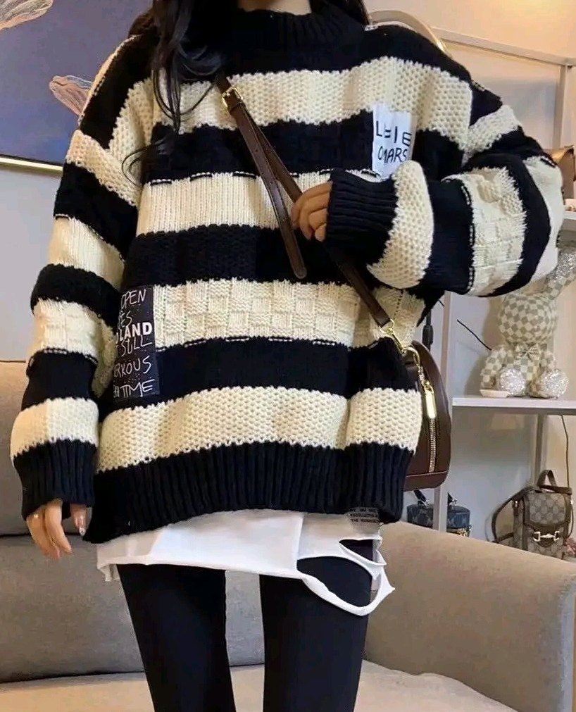 慵懒风黑白条纹粗毛线贴布套头毛衣女2021新款宽松长袖针织衫外穿