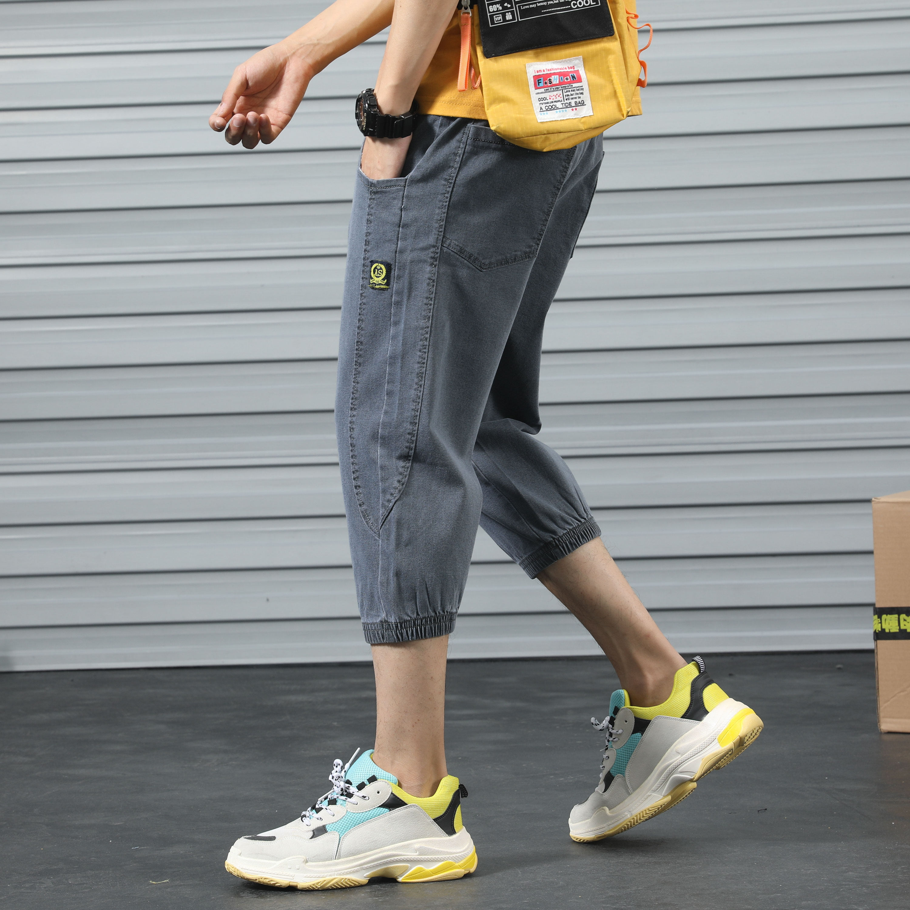 超火七分裤男牛仔裤潮韩版潮流宽松短裤ins小脚束脚7分裤yd01p35