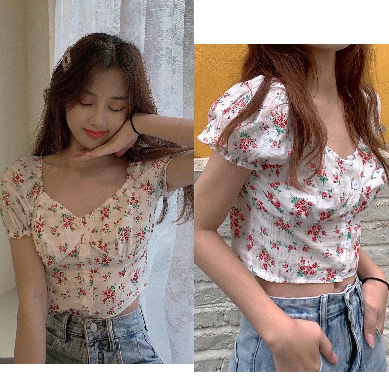 实价 小碎花单排扣高腰短款方领气质纽扣碎花衬衫上衣图片