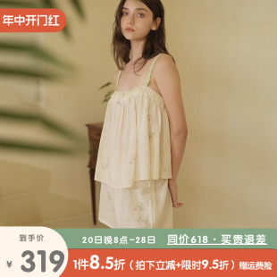 朵朵可可睡衣女2024夏季新款竹叶印花棉质简约吊带短裤家居服套装