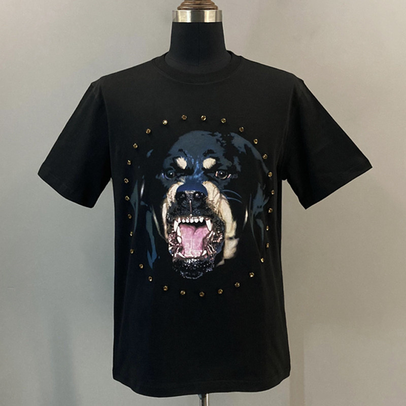 潮流时尚欧美水钻狗头宽松纯棉半短袖体t恤衫男女情侣装潮牌夏装