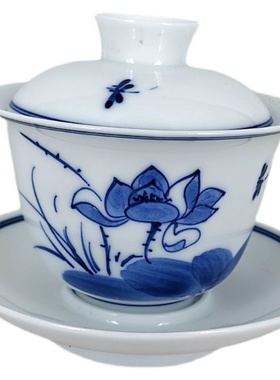 景德镇手绘青花瓷荷花山水梅花三才单个盖碗单杯品茗杯茶杯180ml