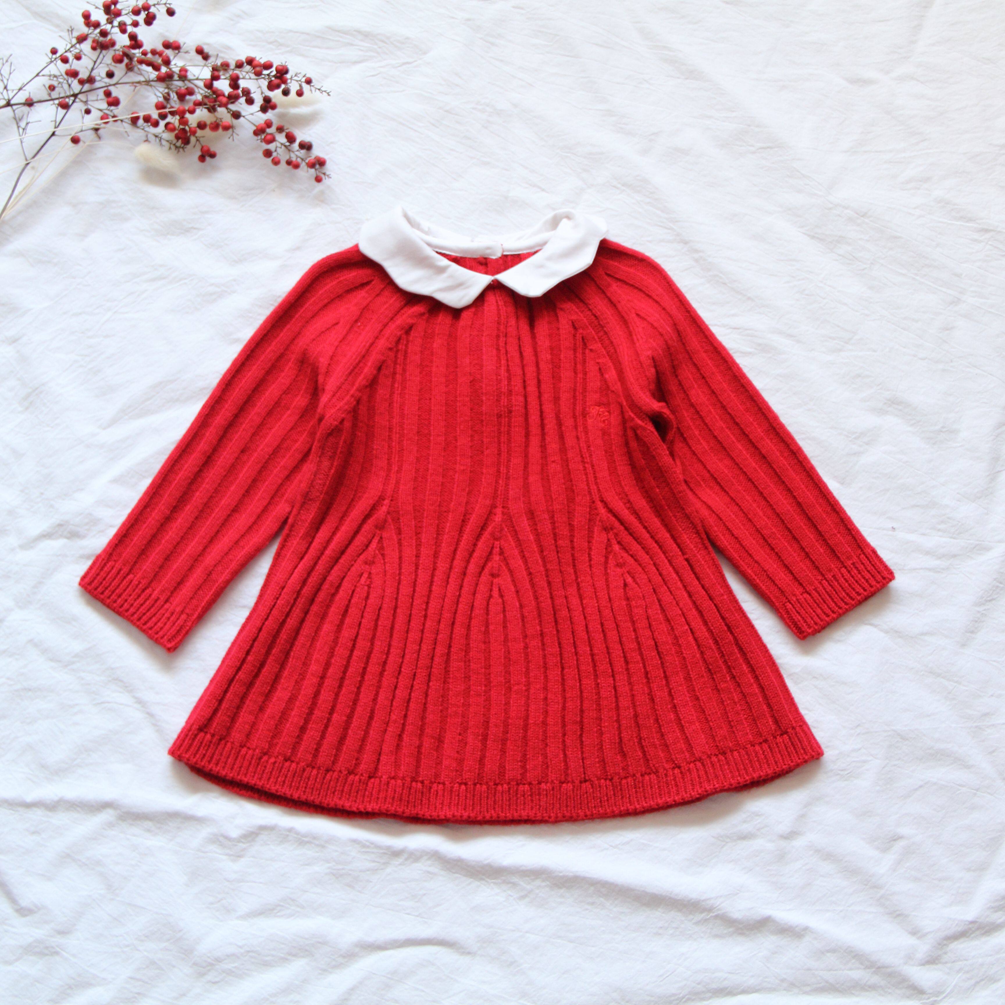 韩国童装 女童宝宝新年红色花瓣领棉混纺针织毛衣裙 a型裙