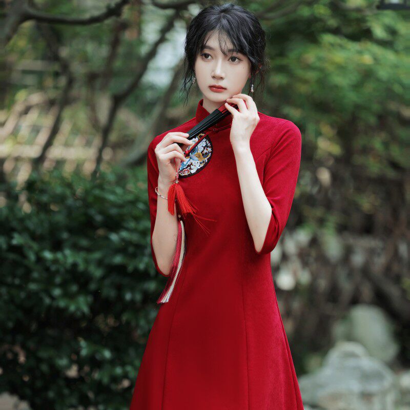 红色旗袍年轻款改良中国风拜年服大人国潮新年过年女冬季喜庆女装