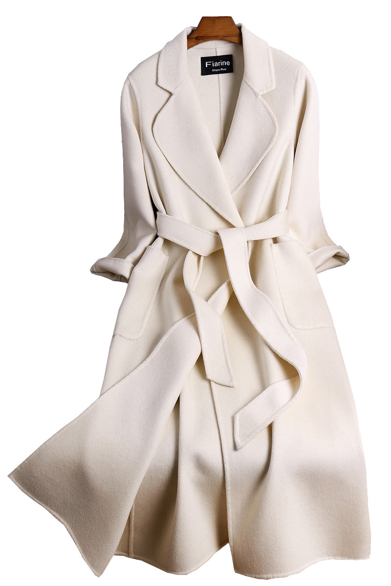 米白色双面羊绒大衣女2019赫本风长款过膝修身显瘦高端羊毛呢外套