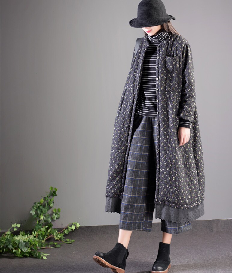 棉麻加厚外套女 文艺冬装小碎花中长款棉服冬季大码棉袄复古棉衣