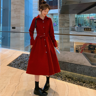 法式复古红色长袖连衣裙女2022秋季新款a字衬衫裙高腰气质长裙子