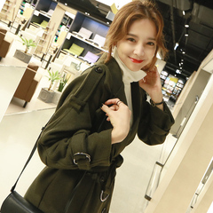 2016冬装韩版新品女装毛呢外套大衣女中长款羊绒呢子大衣军绿色厚