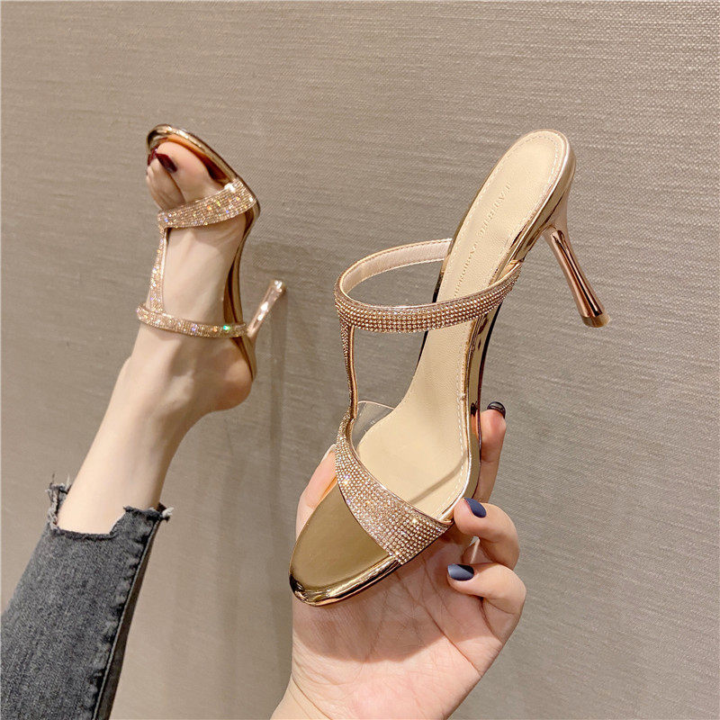 2021夏季新款水钻透明懒人凉拖露趾细跟凉鞋一字拖鞋外穿高跟鞋女