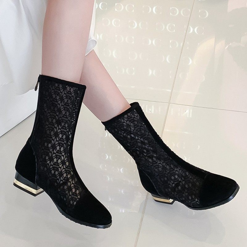 2021春夏新款镂空网靴女高跟中筒网面网纱凉靴夏季网红大码女凉鞋