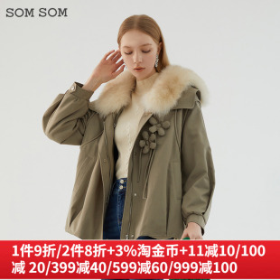 SOMSOM/索玛派克服女款冬款兔毛内胆可拆卸时尚狐狸毛毛领外套女