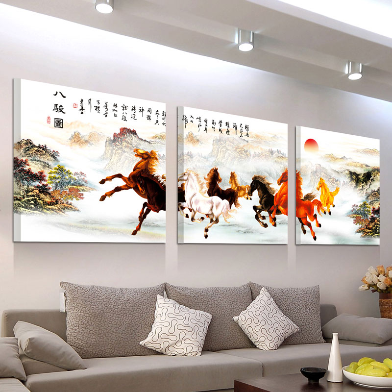 八骏图马到成功客厅装饰画三联餐厅壁画背景墙挂画卧室墙画无框画