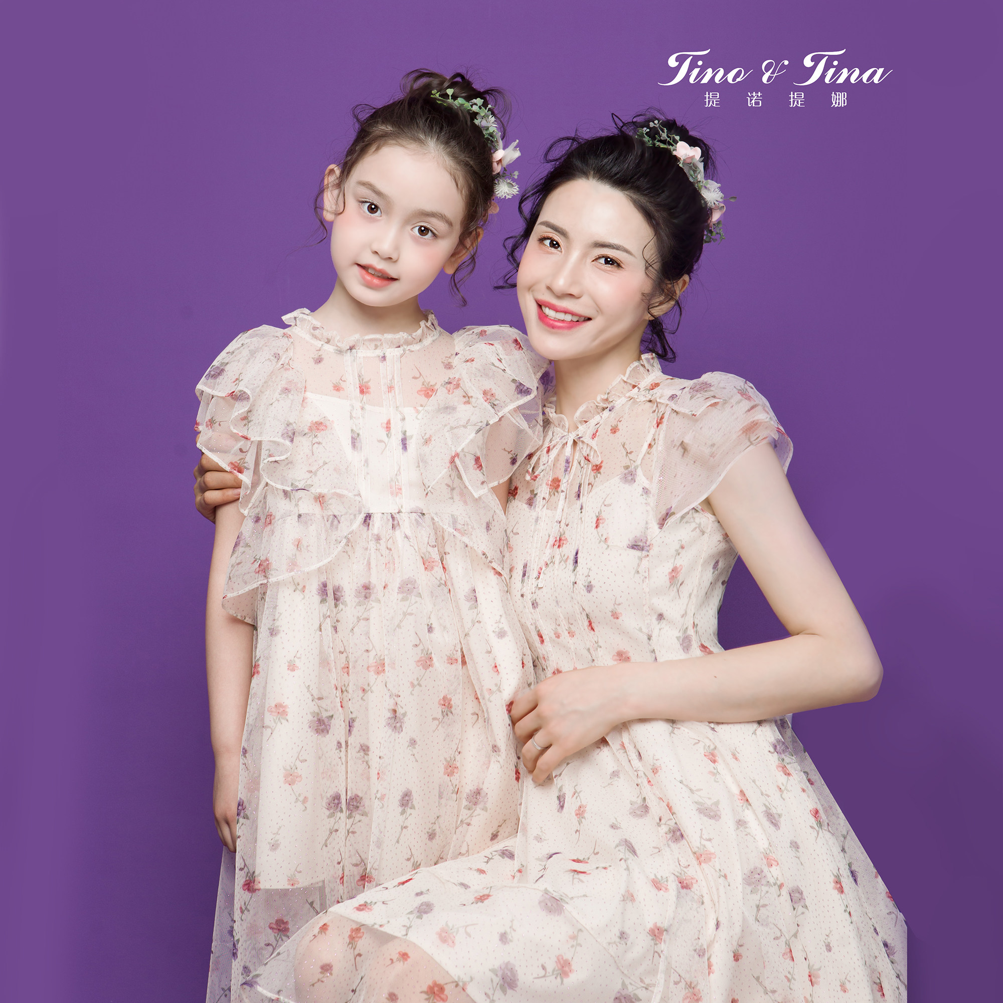 2021夏亲子装一家三口四口米色网纱母子母女演出服大码显瘦全家装