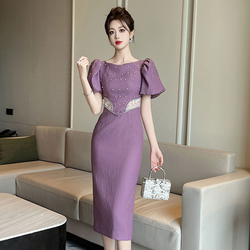 紫色泡泡袖钉珠包臀连衣裙女夏季优雅