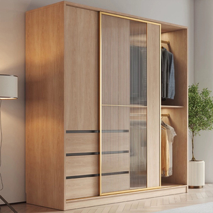 北欧推拉门衣柜家用卧室简约现代趟移门小户型原木色玻璃门大衣橱
