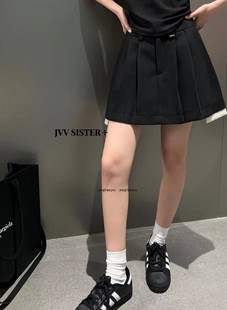 JVVSISTER韩版高腰假两件拼接百褶半身裙女西装a字裙裤洋气短裙