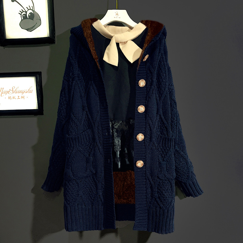 韩系慵懒风棒针毛衣外套宽松加厚中长款粗线麻花针织衫开衫女秋冬