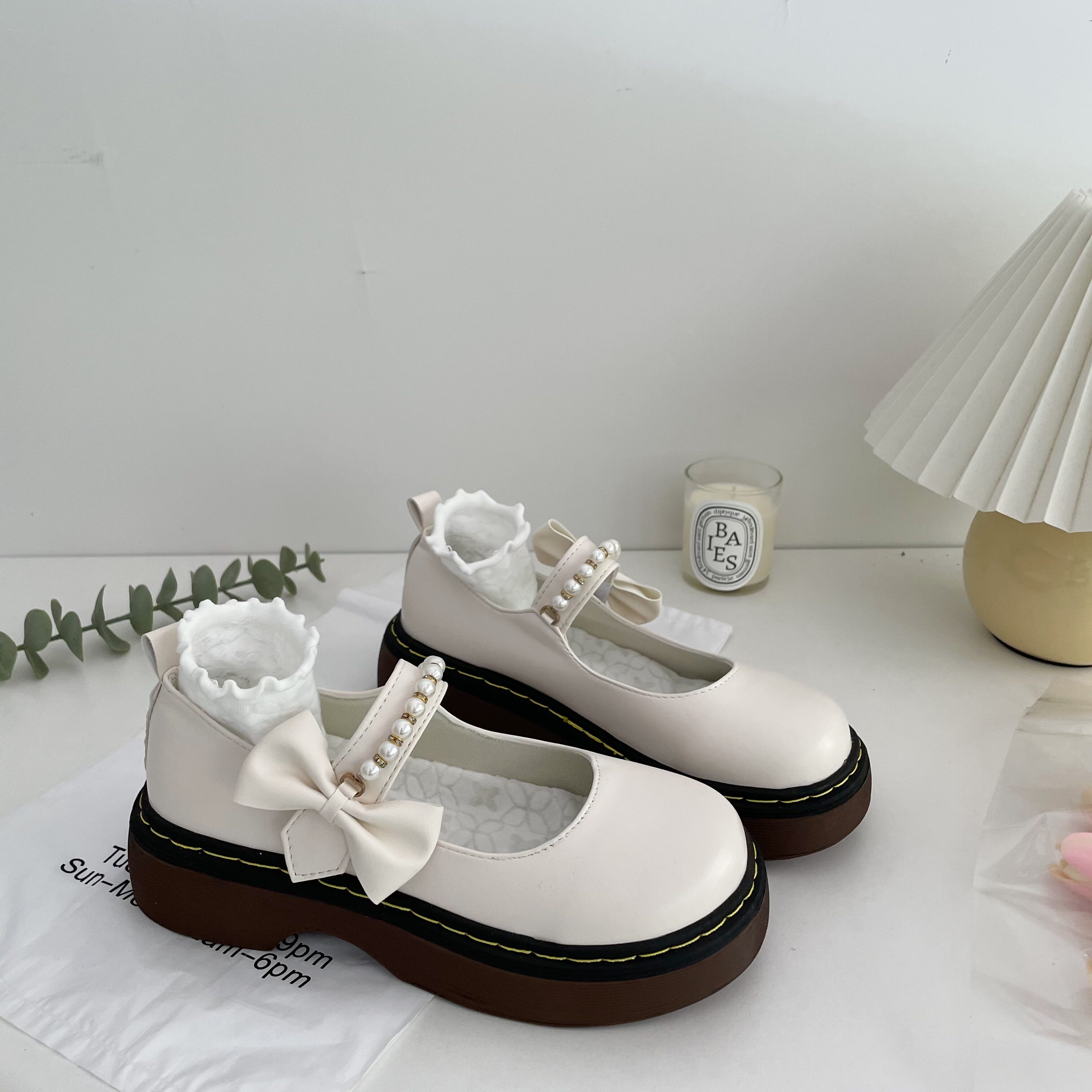 2022春季新款百搭厚底复古珍珠蝴蝶结白色玛丽珍日系jk小皮鞋女单