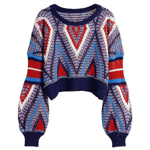 露脐短款彩色毛线针织套头衫混色长袖毛衣宽松条纹复古百搭学院风