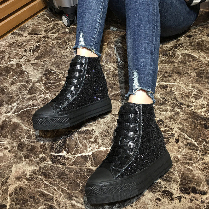 欧货新品真皮坡跟厚底松糕女鞋 爆裂纹亮闪闪酷黑鞋女高帮鞋潮鞋