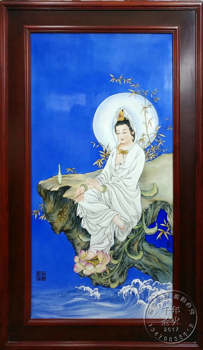 景德镇陶瓷瓷板画壁画中式手绘人物观音菩萨竖条客厅挂画实木框