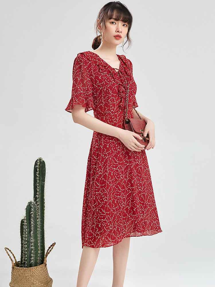 曼天雨九魅品牌折扣店甜美可爱荷叶边高腰显瘦连衣裙专柜折扣女装