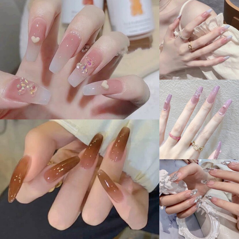 欧美风渐变简约乳白梯形加长冰透穿戴美甲成品新娘造型假指甲贴片