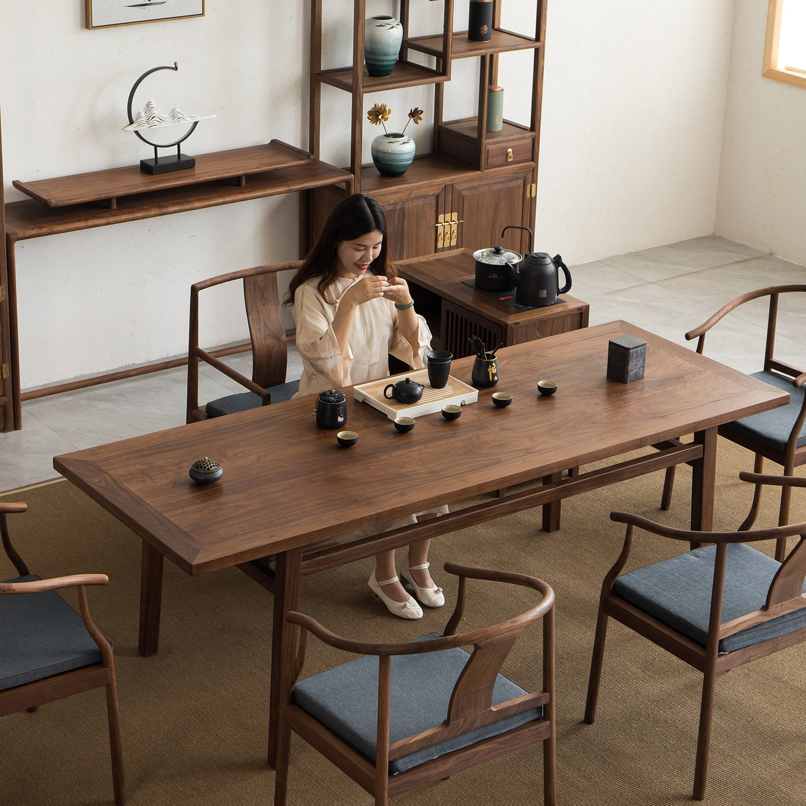 新中式茶桌椅组合实木原木黑胡桃老榆木简约现代禅意茶台茶室家具