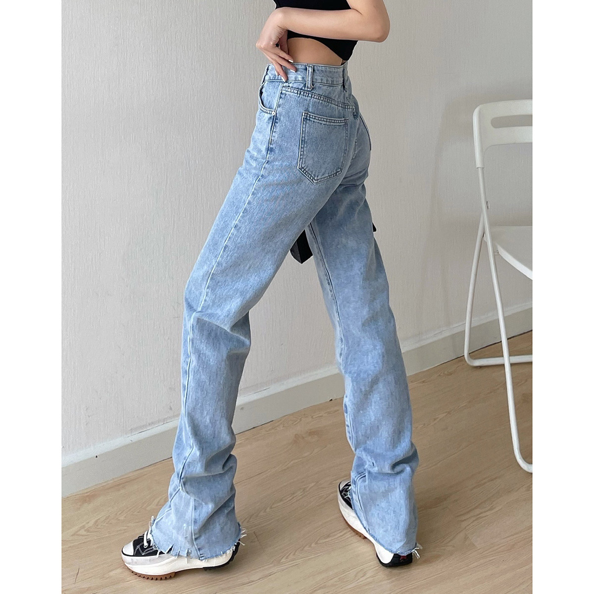 美式复古辣妹高腰显瘦微喇牛仔裤女裤脚拼接设计显腿长拖地直筒裤