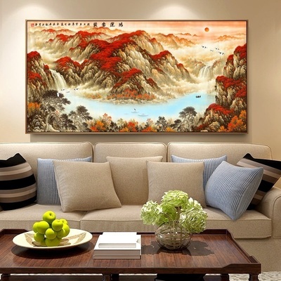 山水鸿运当头国画风景画风水靠山客厅招财办公室挂画壁画现代装饰画