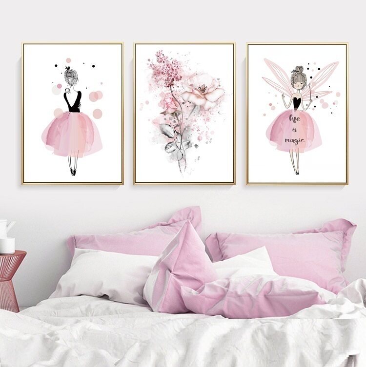 粉色女孩北欧风格客厅装饰画卧室床头挂画房间儿童房墙壁画少女心