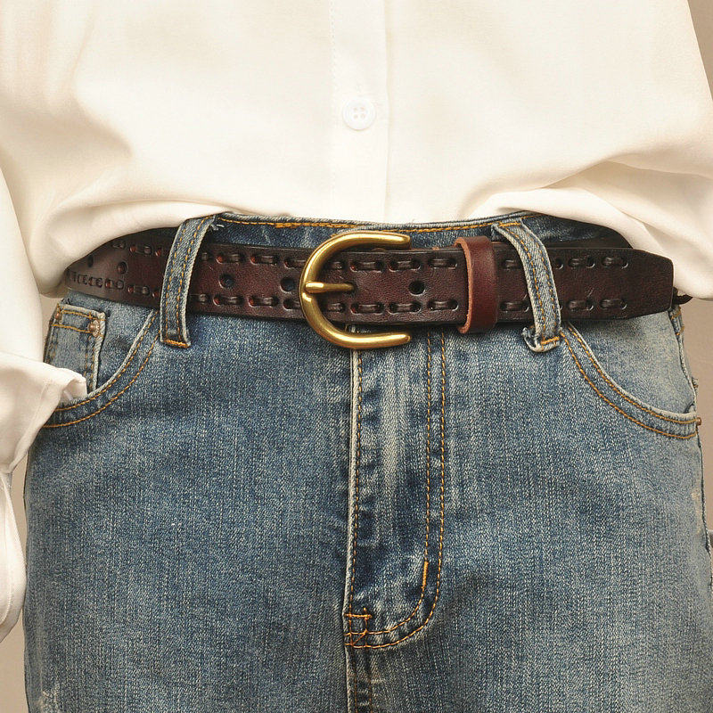 皮带女真皮百搭牛仔裤头层牛皮粗绳装饰 裤带女时尚潮流个性腰带